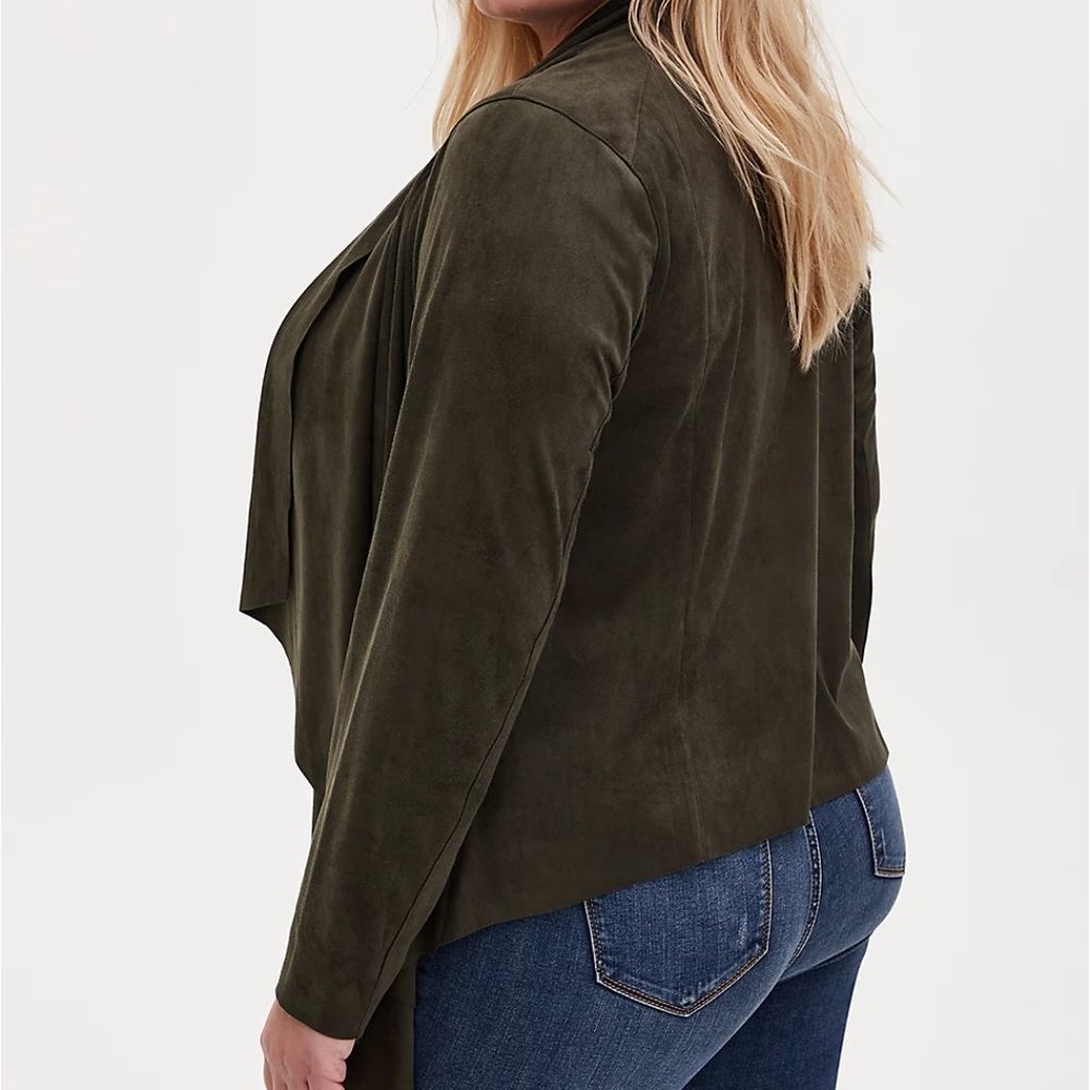 Torrid 3 Olive Green Faux Suede Drape Front Jacket - Picture 3 of 5